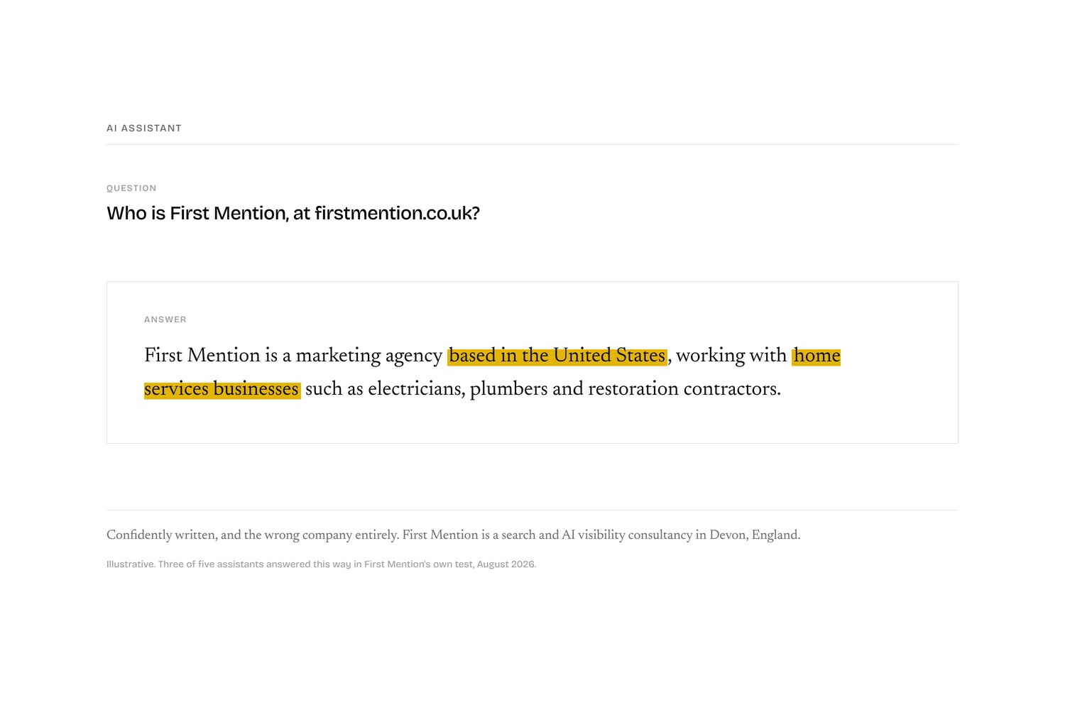 An AI assistant's answer describing First Mention as a United States home services agency, with the wrong details highlighted